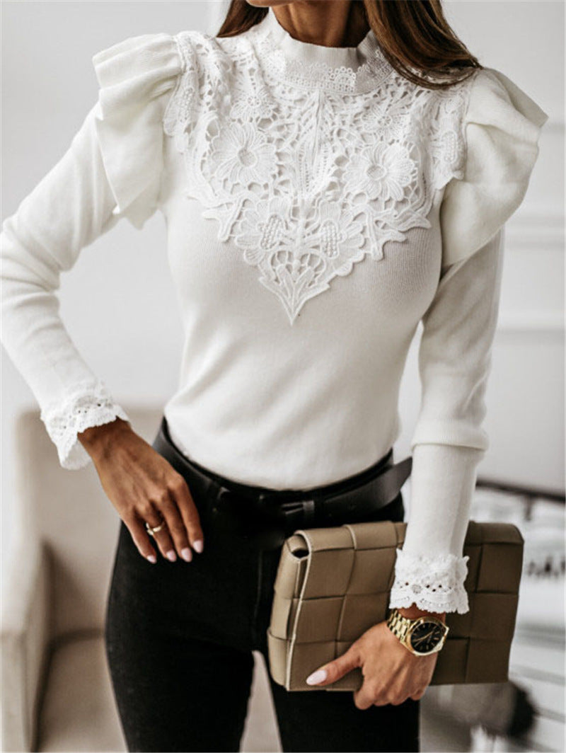Women Long Sleeve Round Neck Lace Solid Top 4
