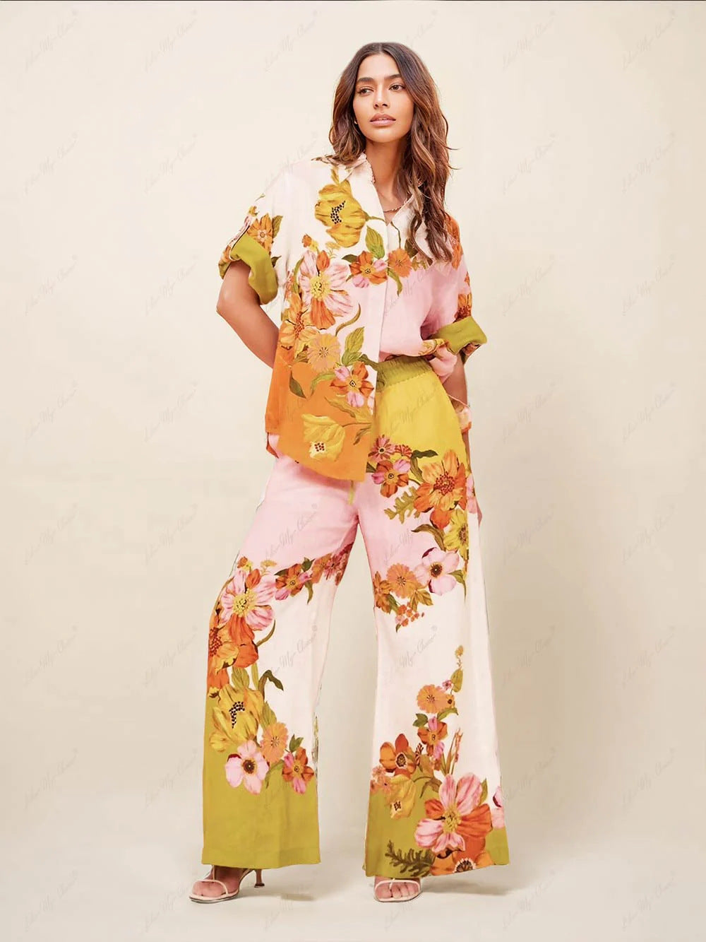 Women Floral Print Short Sleeve Color Block Casual Top and Pant Two Piece Set 3