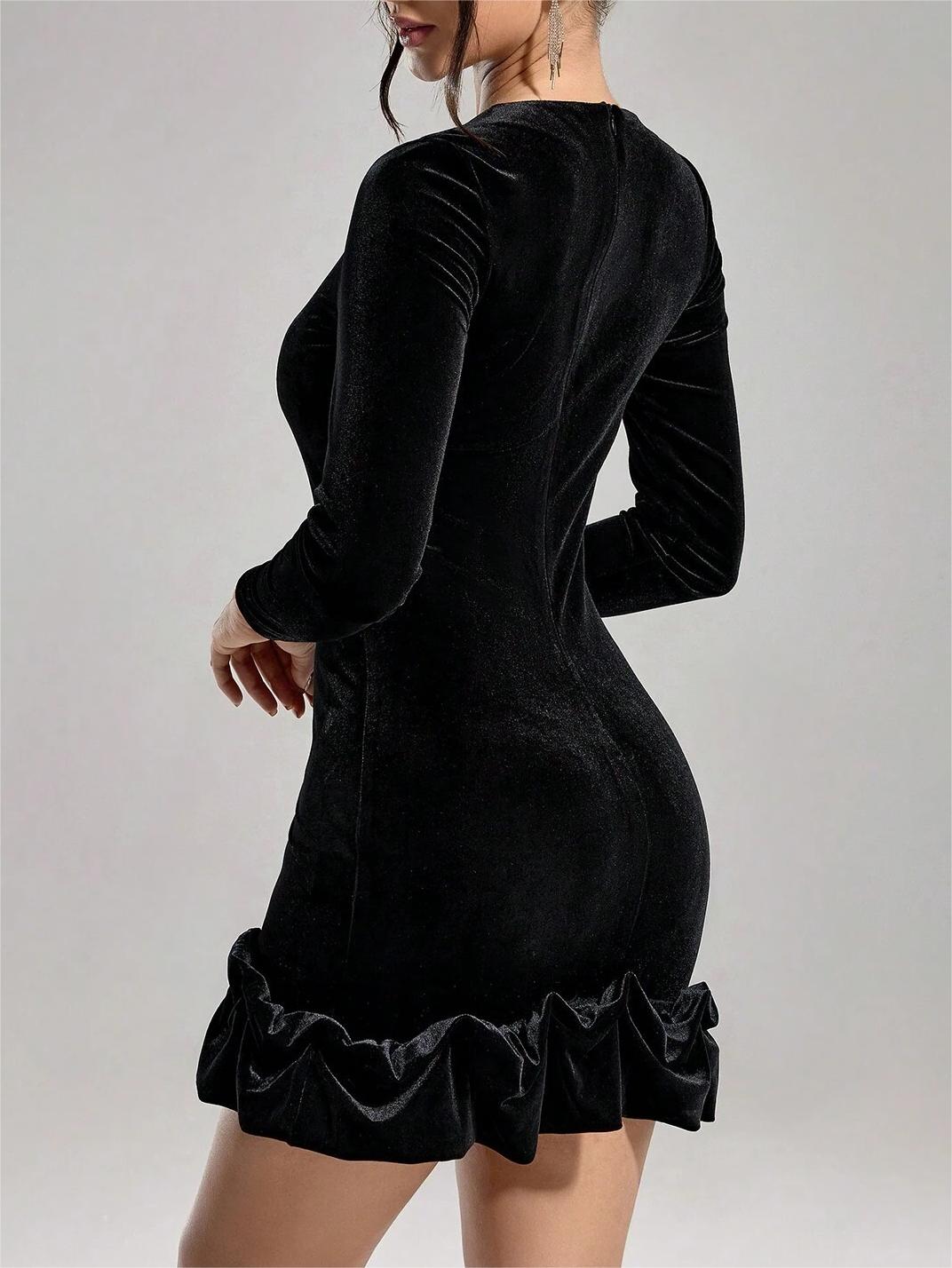 Women Season Sexy Long Sleeve Black Round Neck Dress 4