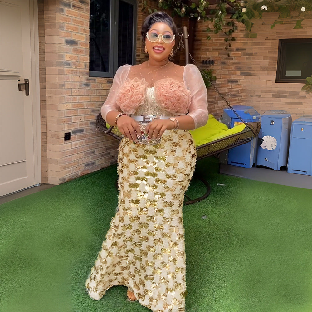 Plus Size Women African Formal Party Party Patchwork Sequin Flower Dress 5