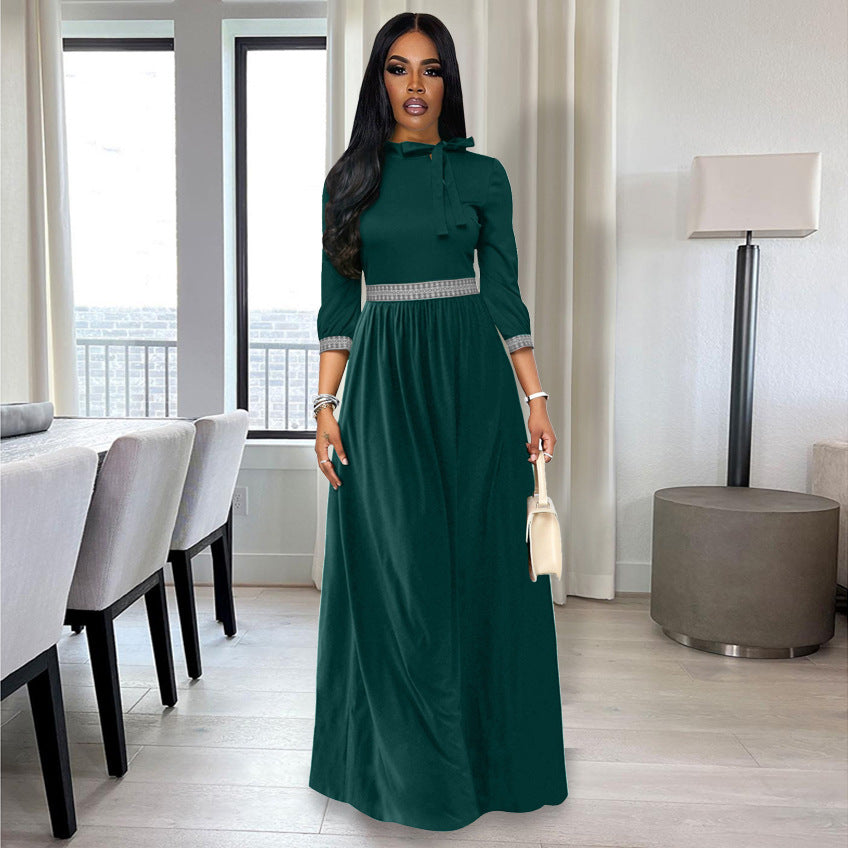 Fall Winter Slim Waist Maxi Tie Bow Long Slim Dress 5