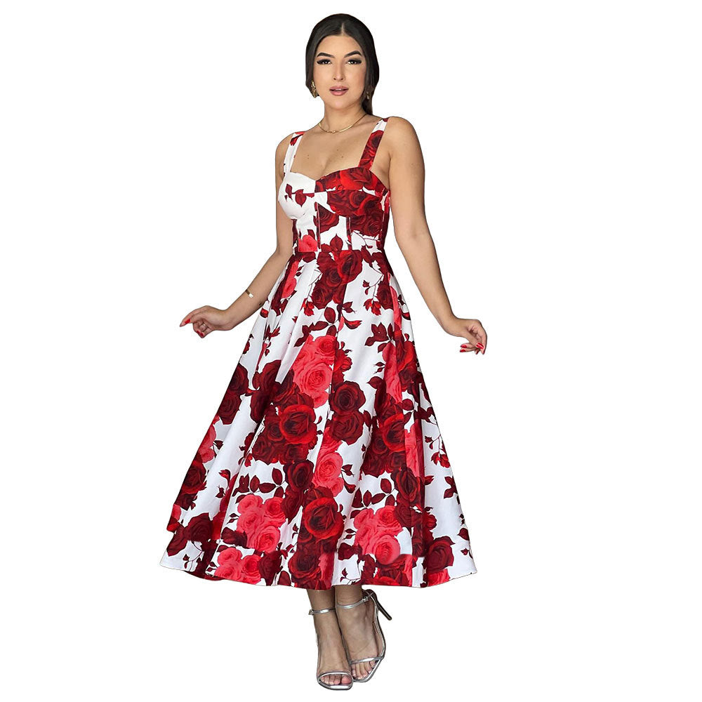 Strap Red Rose Printed Long Dress Chic Elegant Women's Dress 6