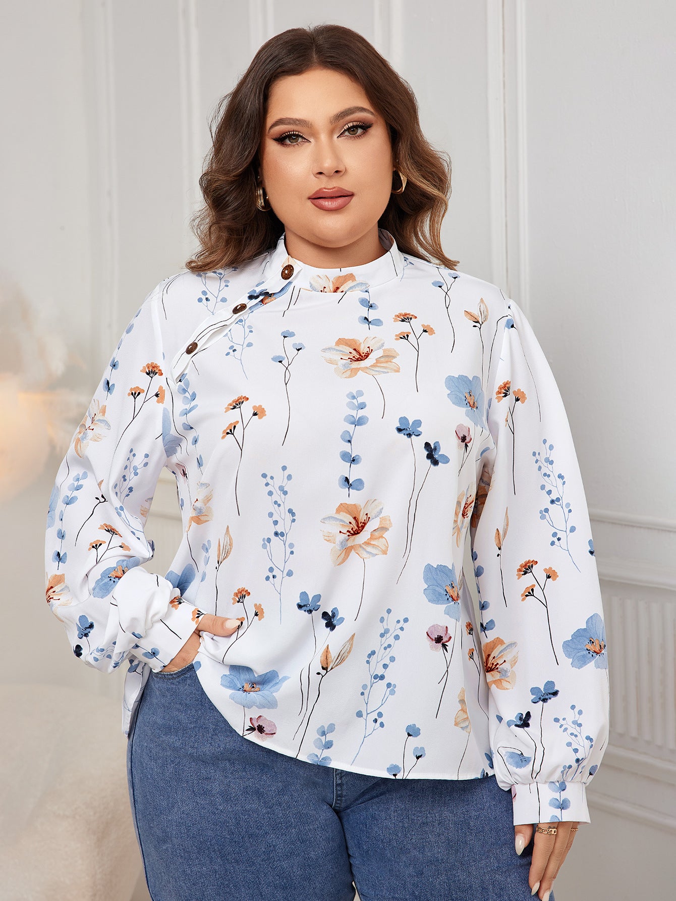 Plus Size Women Long Sleeve Print Shirt