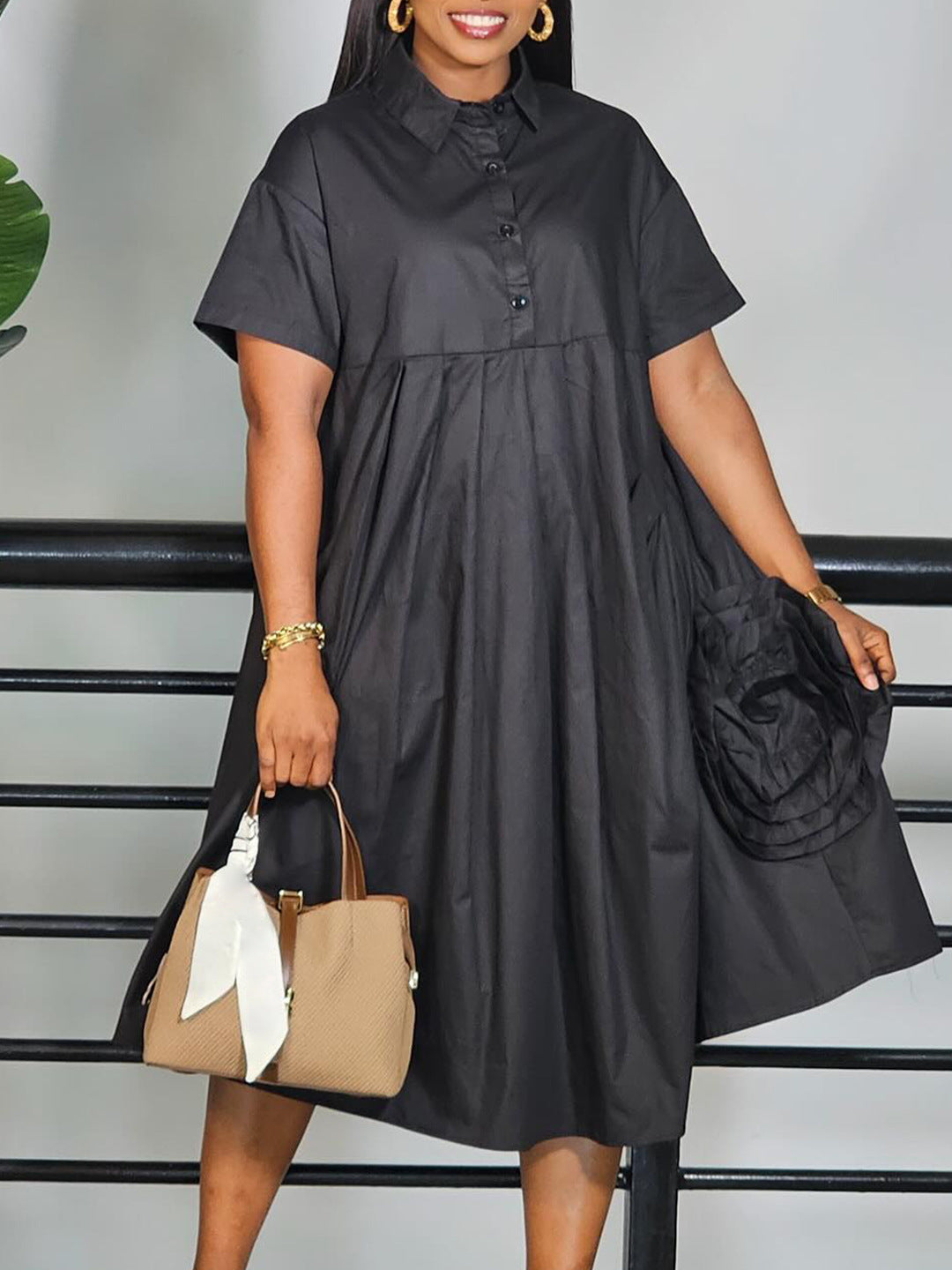 Women's African Short Sleeve Solid Color A-Line Shirt Dress 7