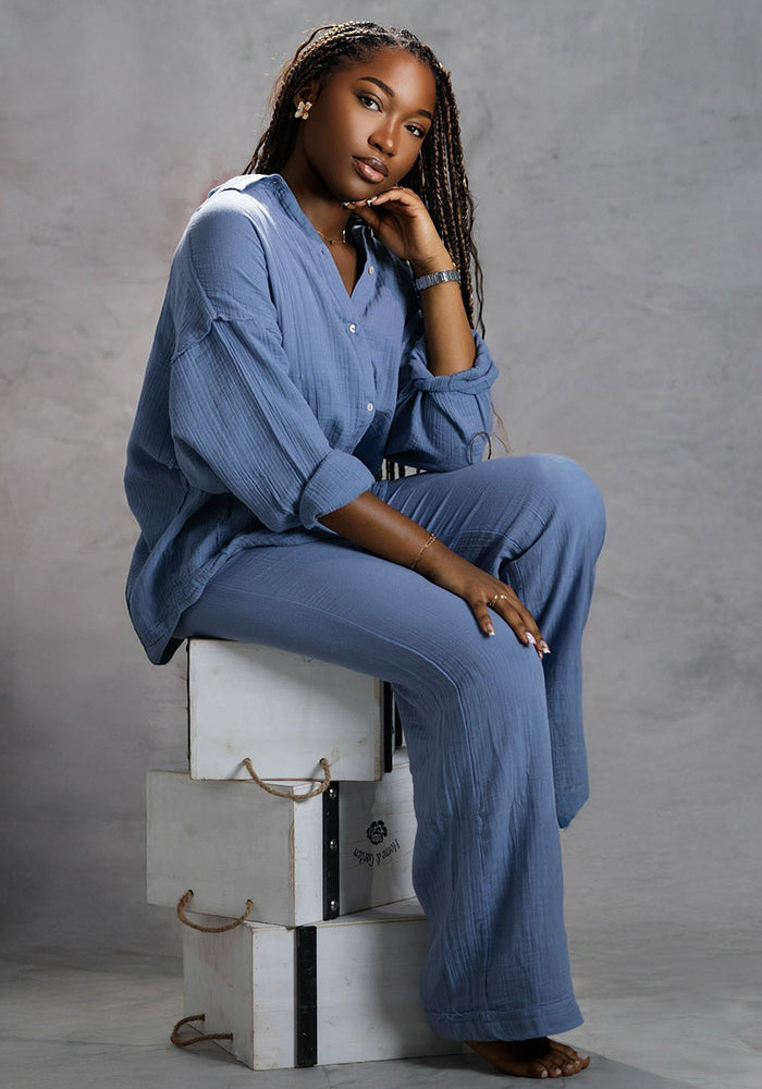 Women Turndown Collar Long-Sleeved Shirt and Pants Two-Piece Set