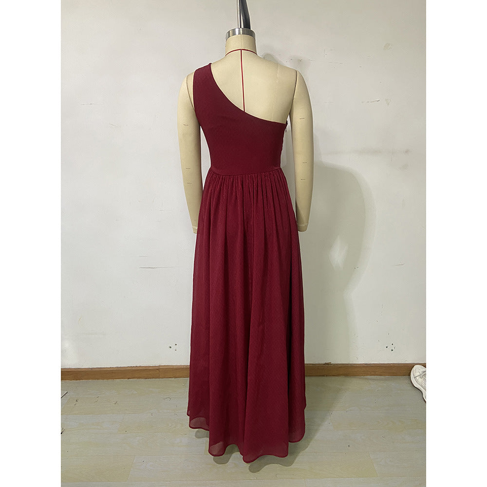 Autumn Winter Fashion Elegant One Shoulder Slim Pleated Formal Party Dress 7