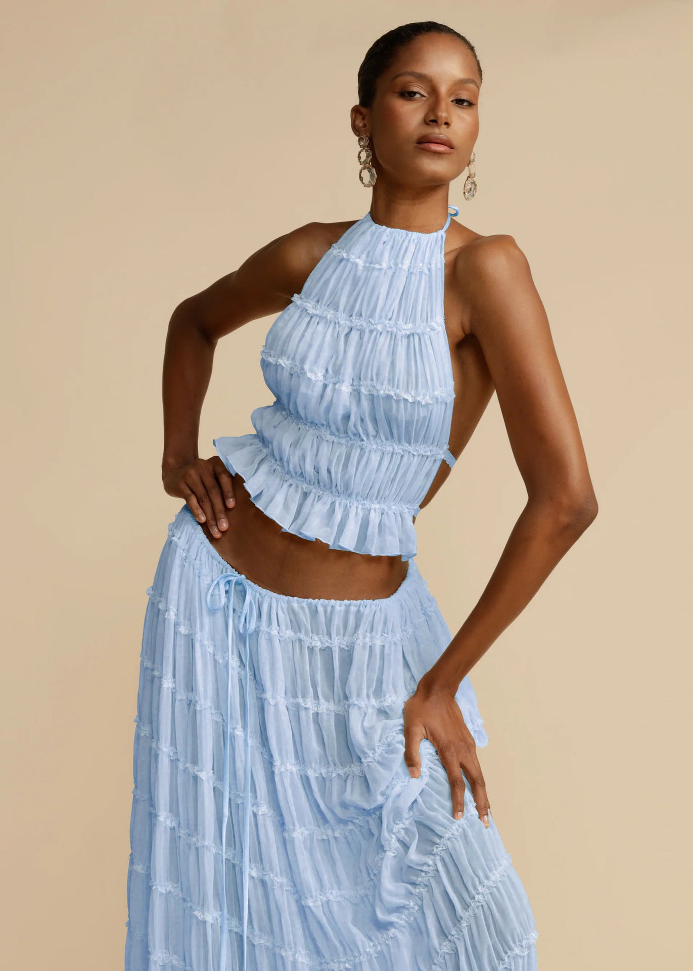 Women Spring Summer Casual Halter Neck Top and Long Skirt two-piece set 27