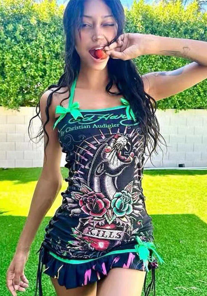 Fashion Print Lace-Up Strap Bodycon Short Dress