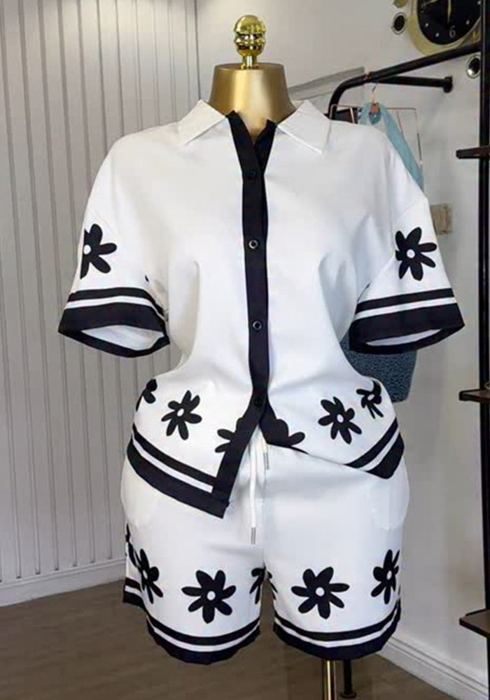 Summer Women's Fashion Turn-Down Collar Color-Block Printed Shirt & Wide-Leg Shorts Casual Set