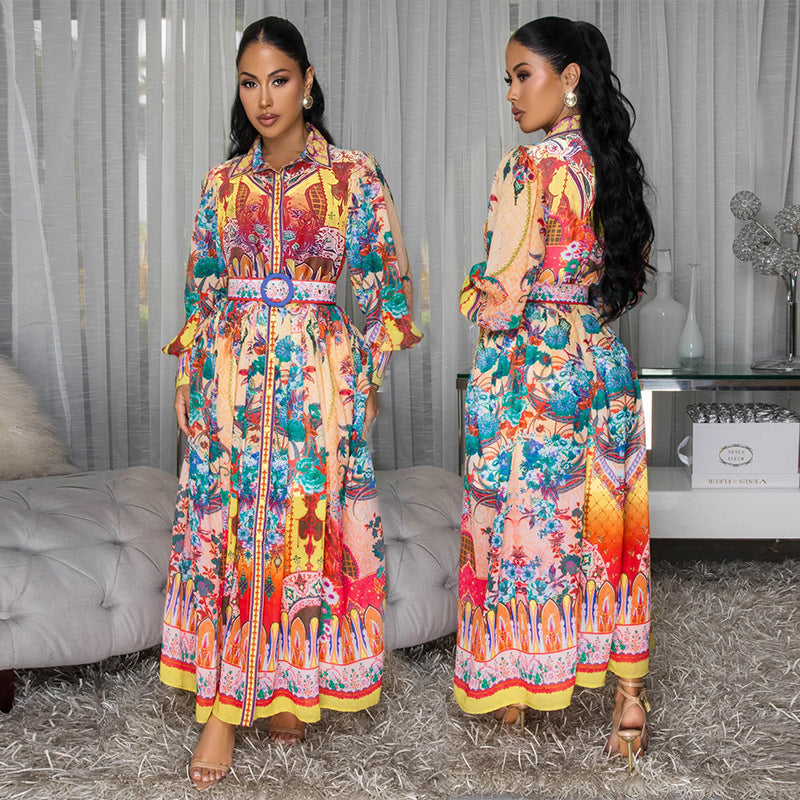 Women's Autumn Turn-Down Collar Lantern Sleeve Slim Waist Painting Print Casual Dress