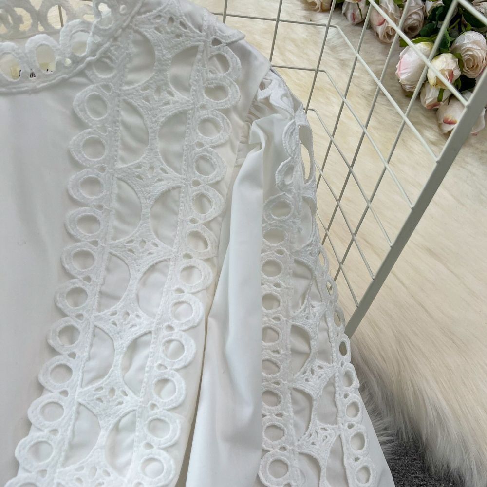 Spring Autumn Retro Chic Lantern Long Sleeve Lace Hollow Patchwork Round Neck Slim Waist Casual Dress 10