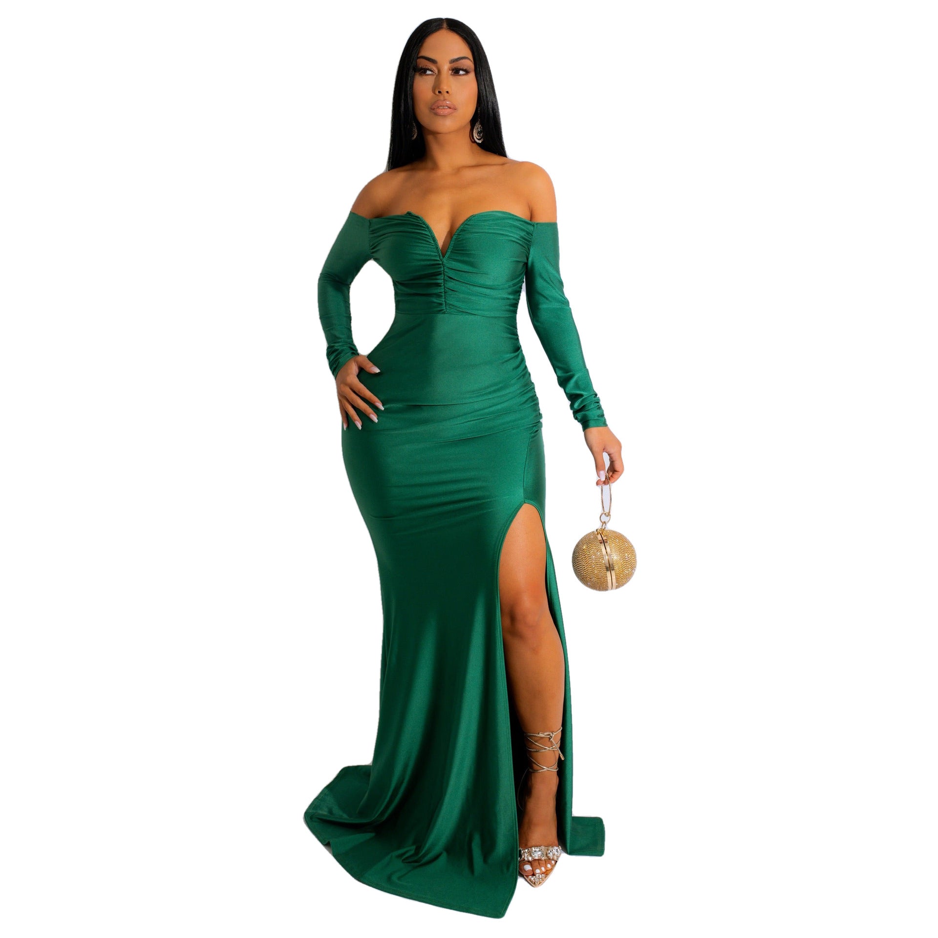 Women'S Sexy Solid Off Shoulder Long Sleeve Slit Evening Dress 13