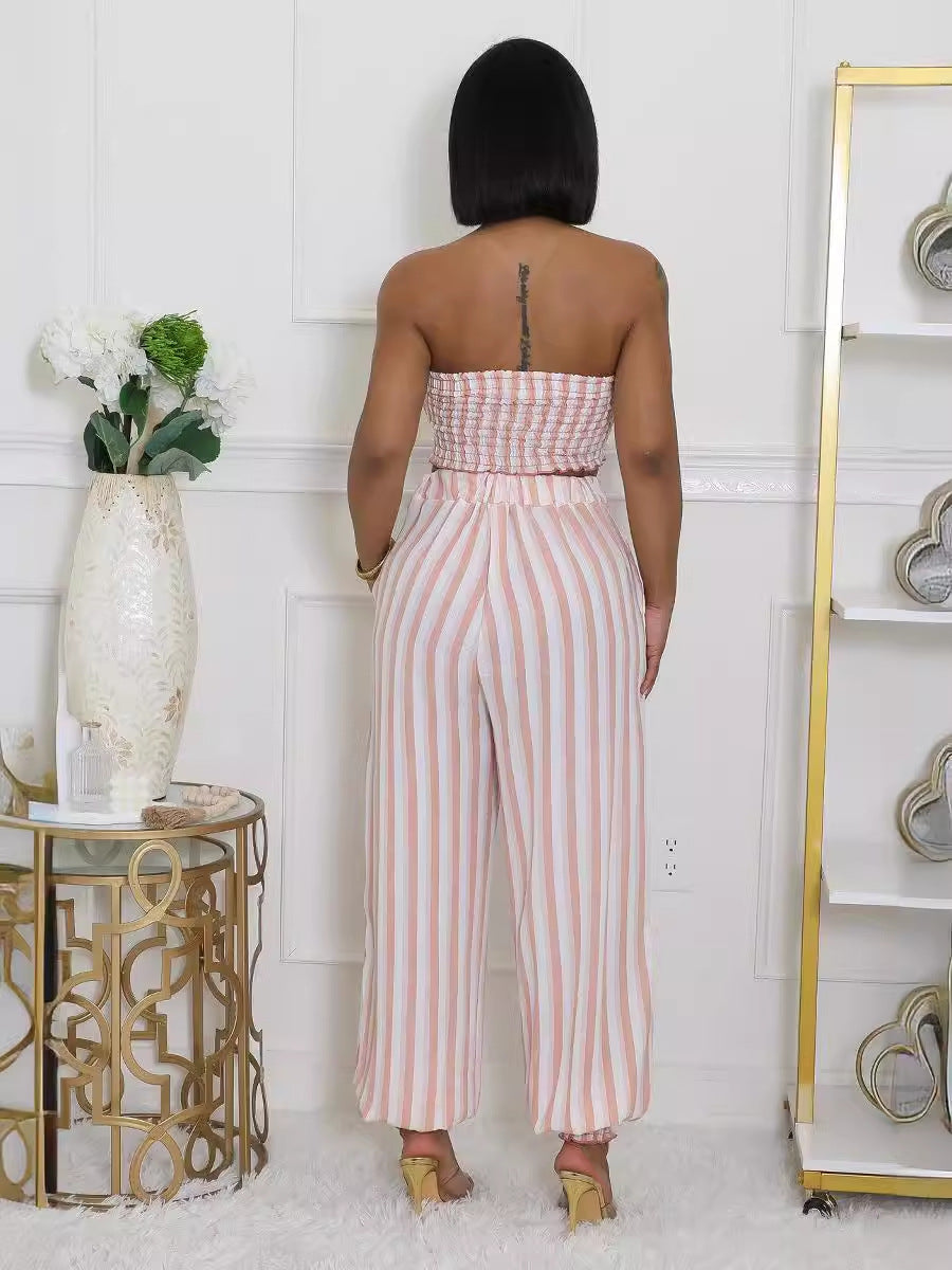 Women's Striped Print Sexy Fashionable Strapless Two-Piece Pants Set 4