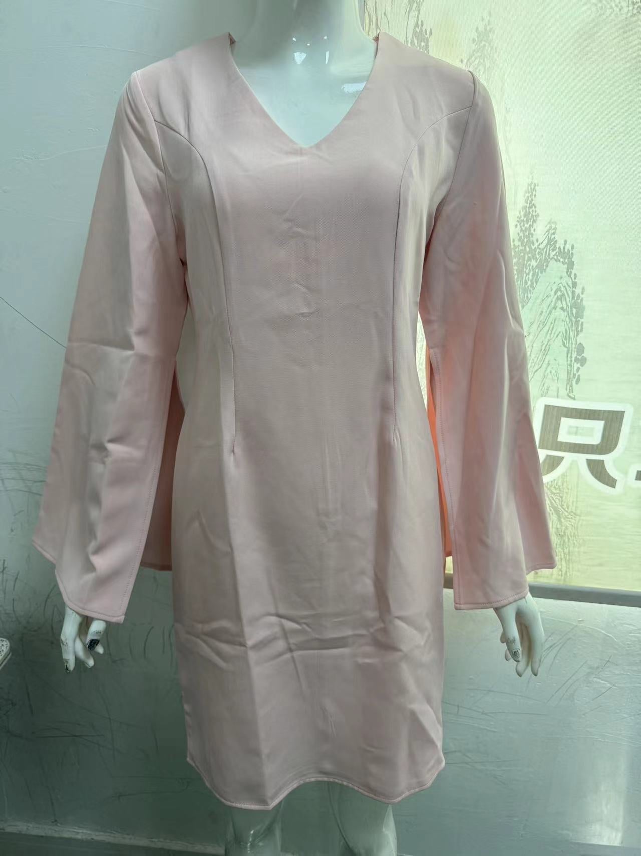 Women Autumn V Neck Slit Long Sleeve Solid Dress 14