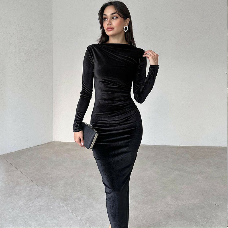 Women's Winter Fashion Solid Color Slim Pleated Round Neck Long Sleeve Dress 6