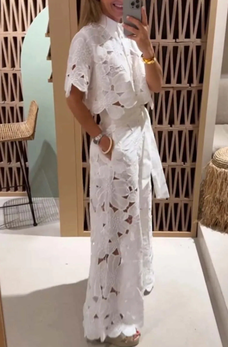 Summer Solid Color Sexy Hollow Knit Shirt and Wide-Leg Pant Set for Women 8