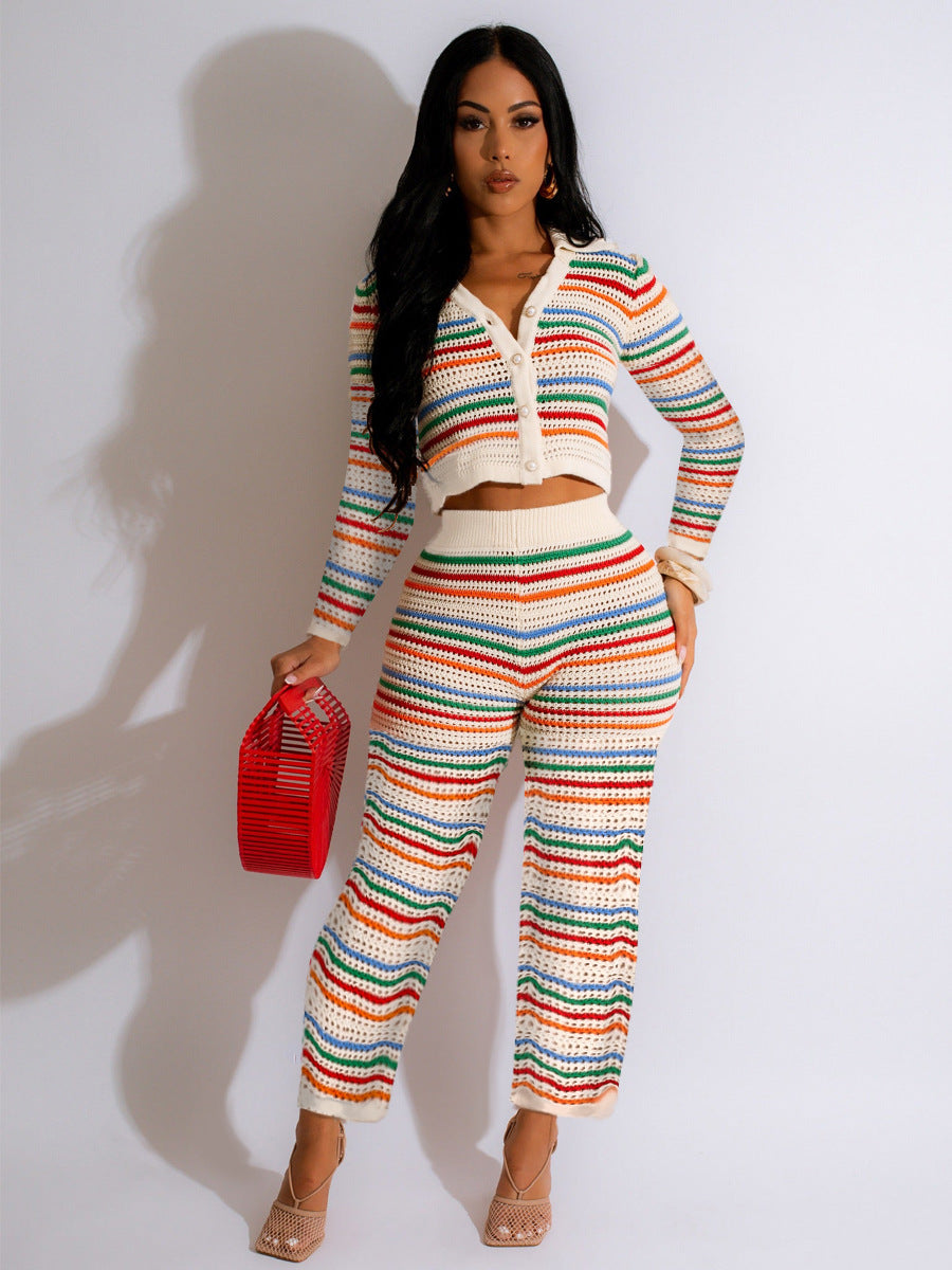 Women summer sexy knitting contrast color long sleeve Top and wide leg pants Casual two-piece suit 3