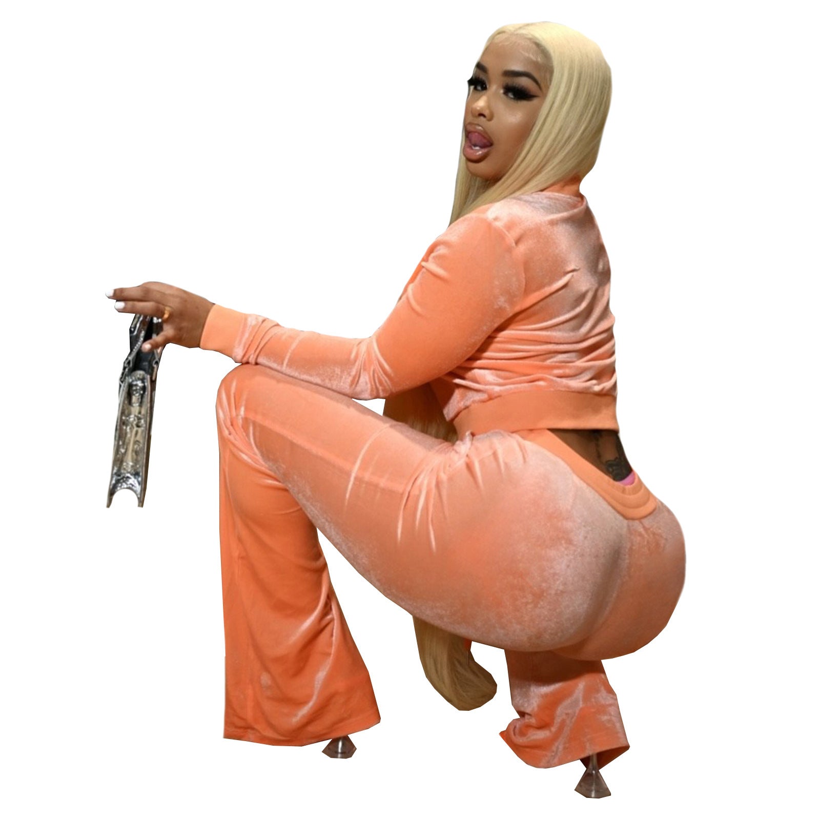 Women's Solid Color Velvet Long Sleeve Sexy Zipper Crop Top Pants Casual Sports Two Piece Set 6