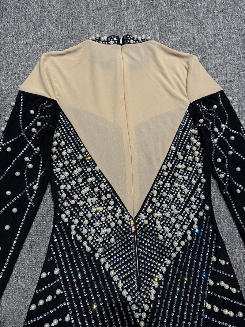 Women See-Through Sexy Beaded Pearl Contrast Long Sleeve Dress 18