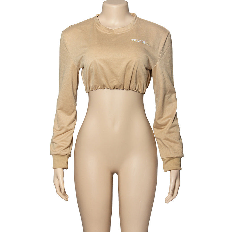 Women Autumn Solid Round Neck Embroidered Letter Long Sleeve Crop Top 13
