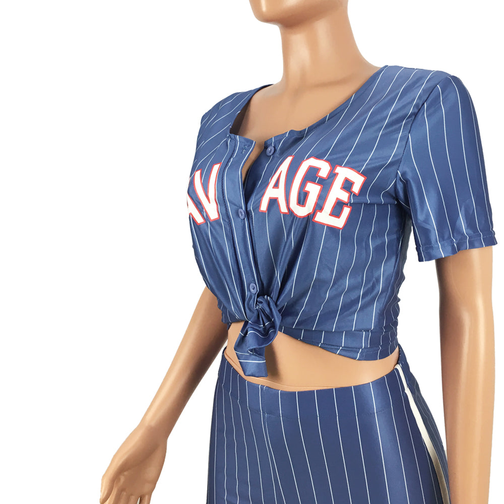 Women Sexy Women Striped Letter Baseball Top and Skirt Two-piece Set 47