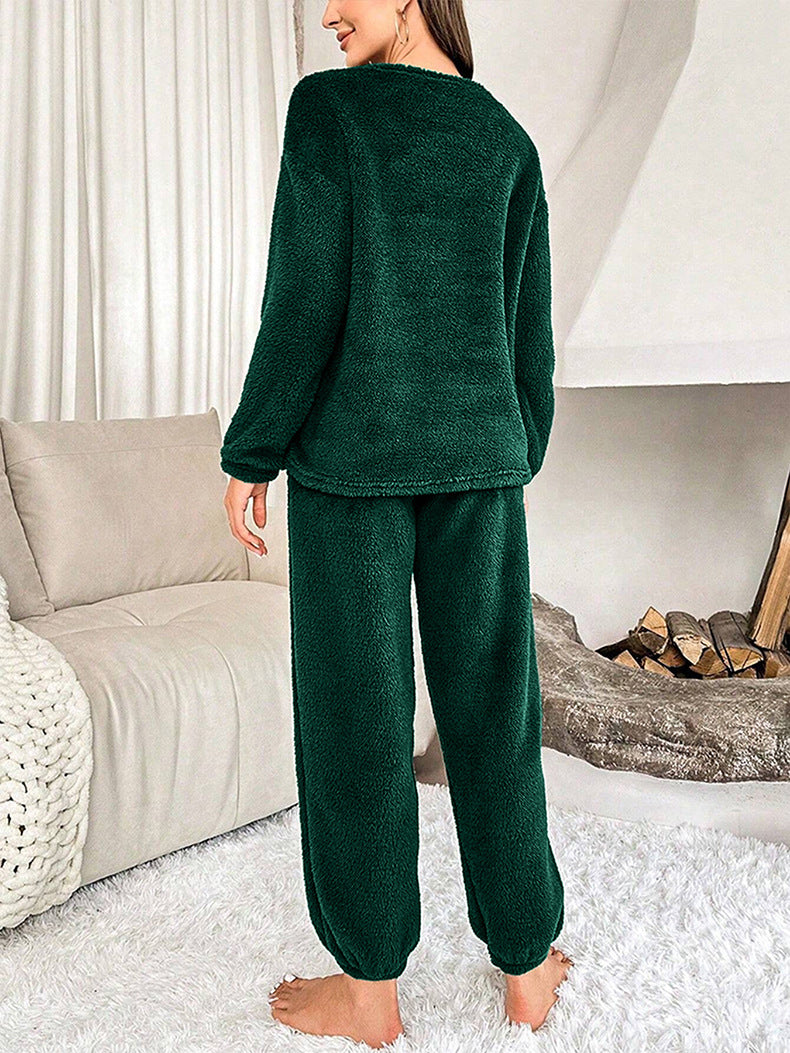 Winter Solid Color Plus Size Fleece Pajamas Casual Two Piece Women's Home Clothes 4