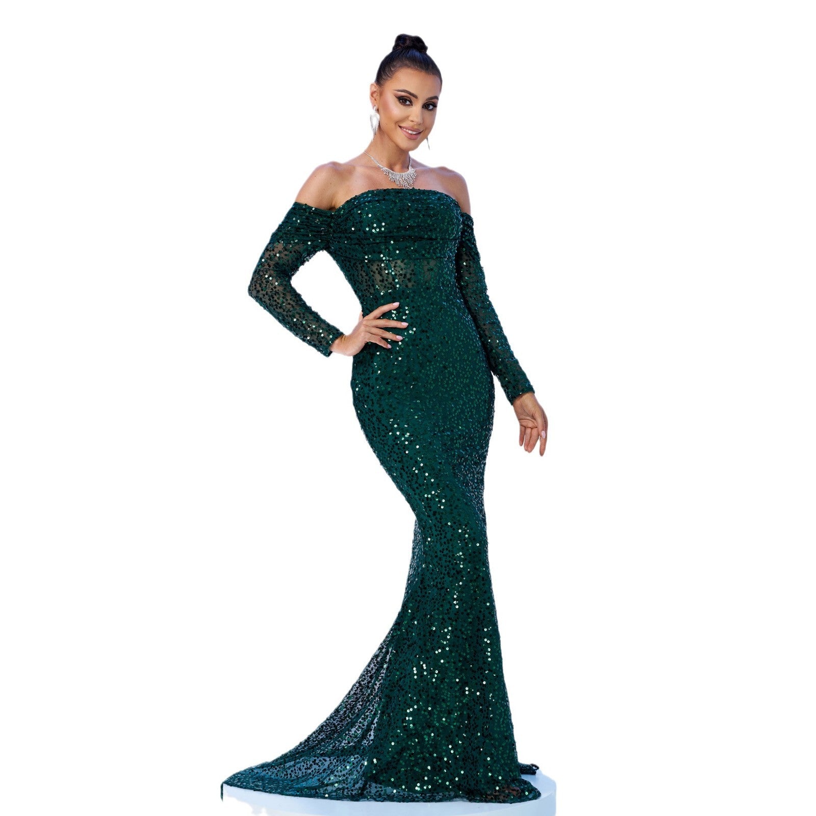 Women Off Shoulder Long Sleeve Sequin Formal Party Fishtail Evening Dress 6