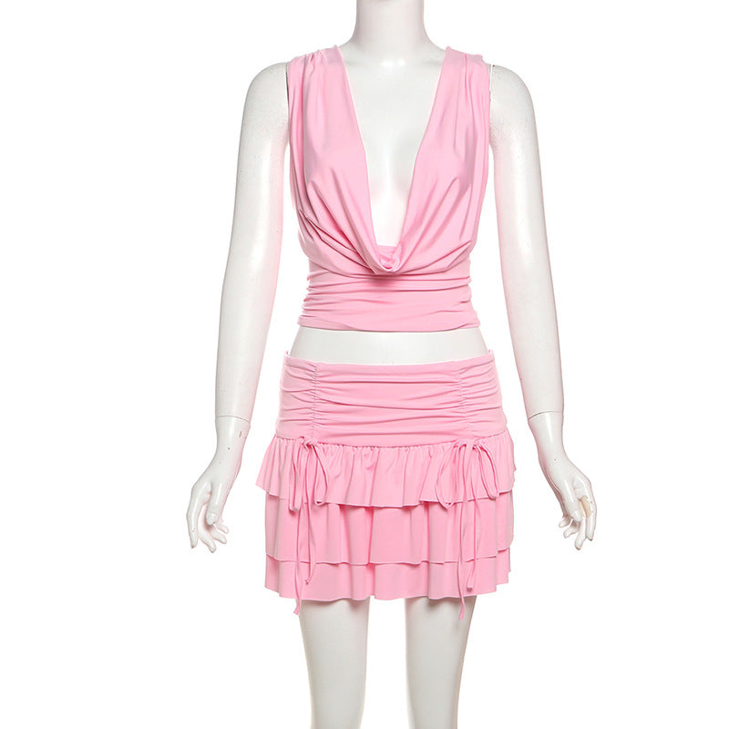 Summer Sweet Chic Sleeveless Low-Cut Swaying Neck Pleated Cascading Ruffles Skirt Set 6