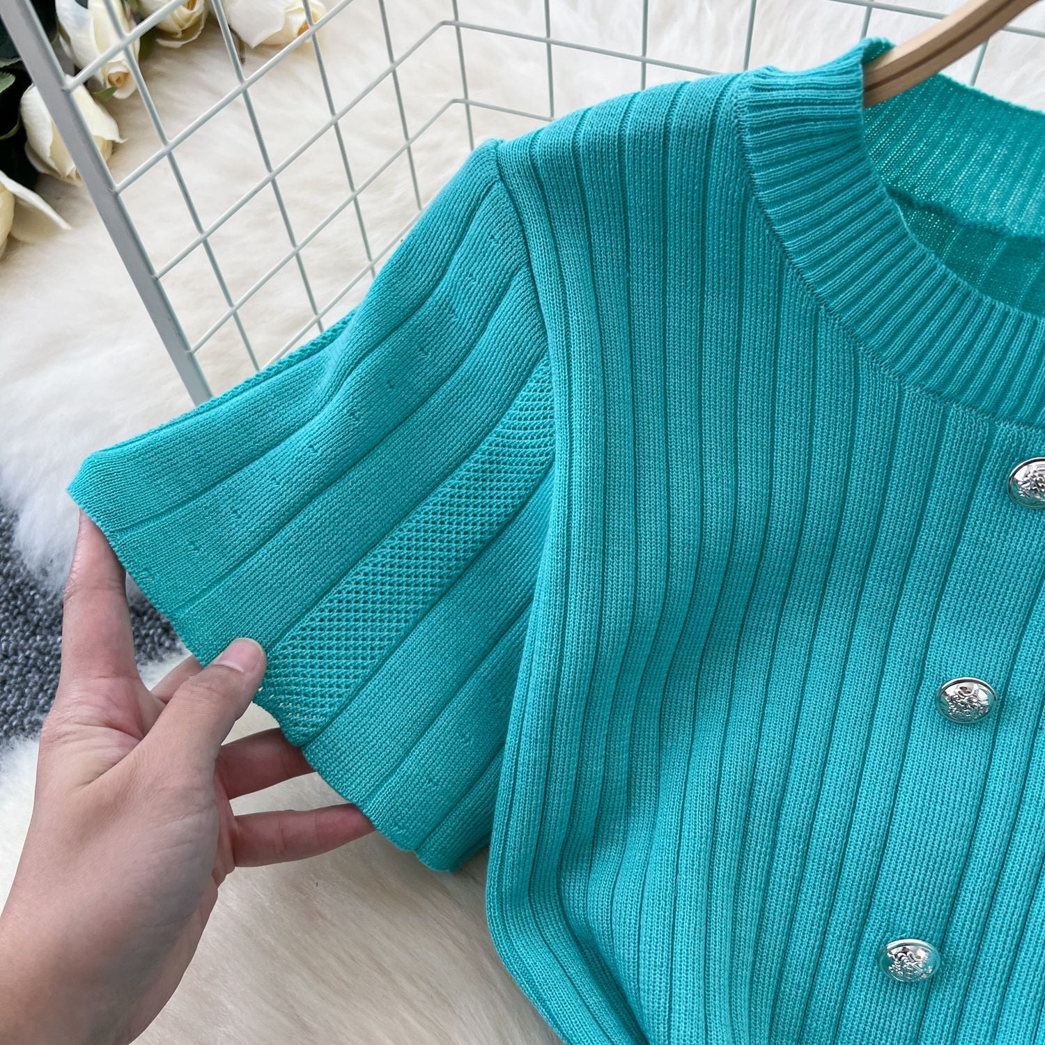 Chic Knitting Round Neck Single-Breasted Short-Sleeved Slim Midi Dress 20