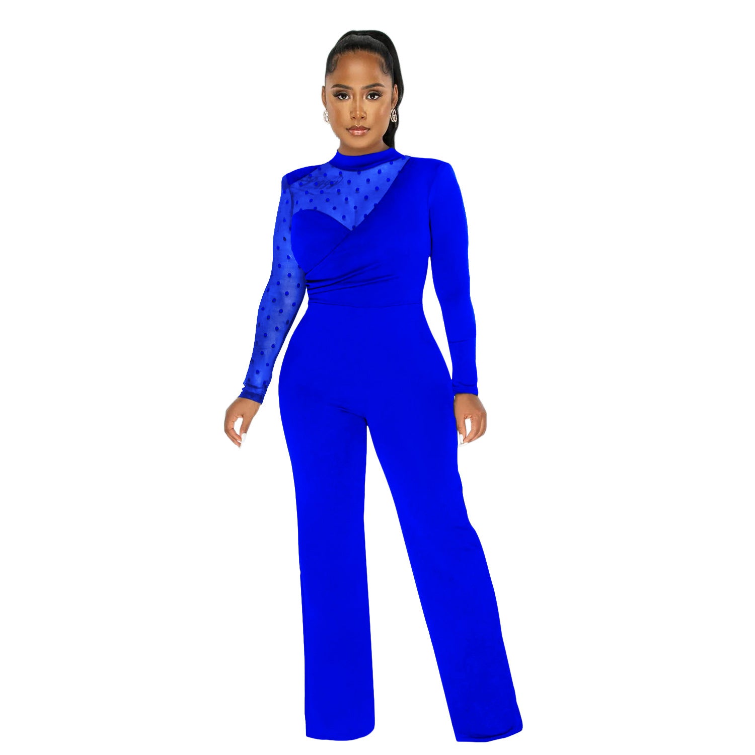 Women mesh See-Through Polka Dot Long Sleeve Jumpsuit 10