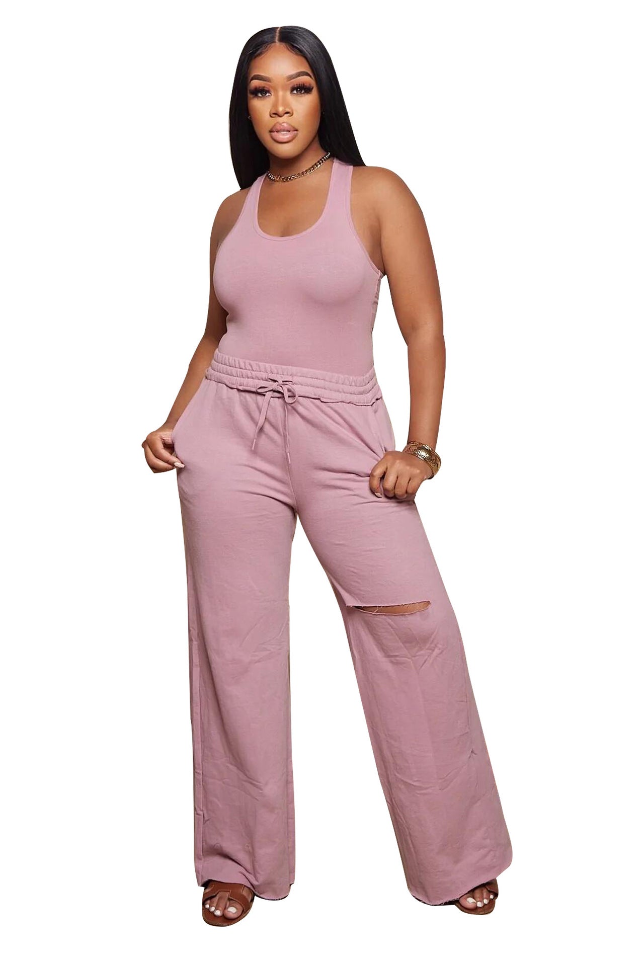 Women Sleeveless Bodysuit+ Ripped Wide Leg Pants Two Piece 4