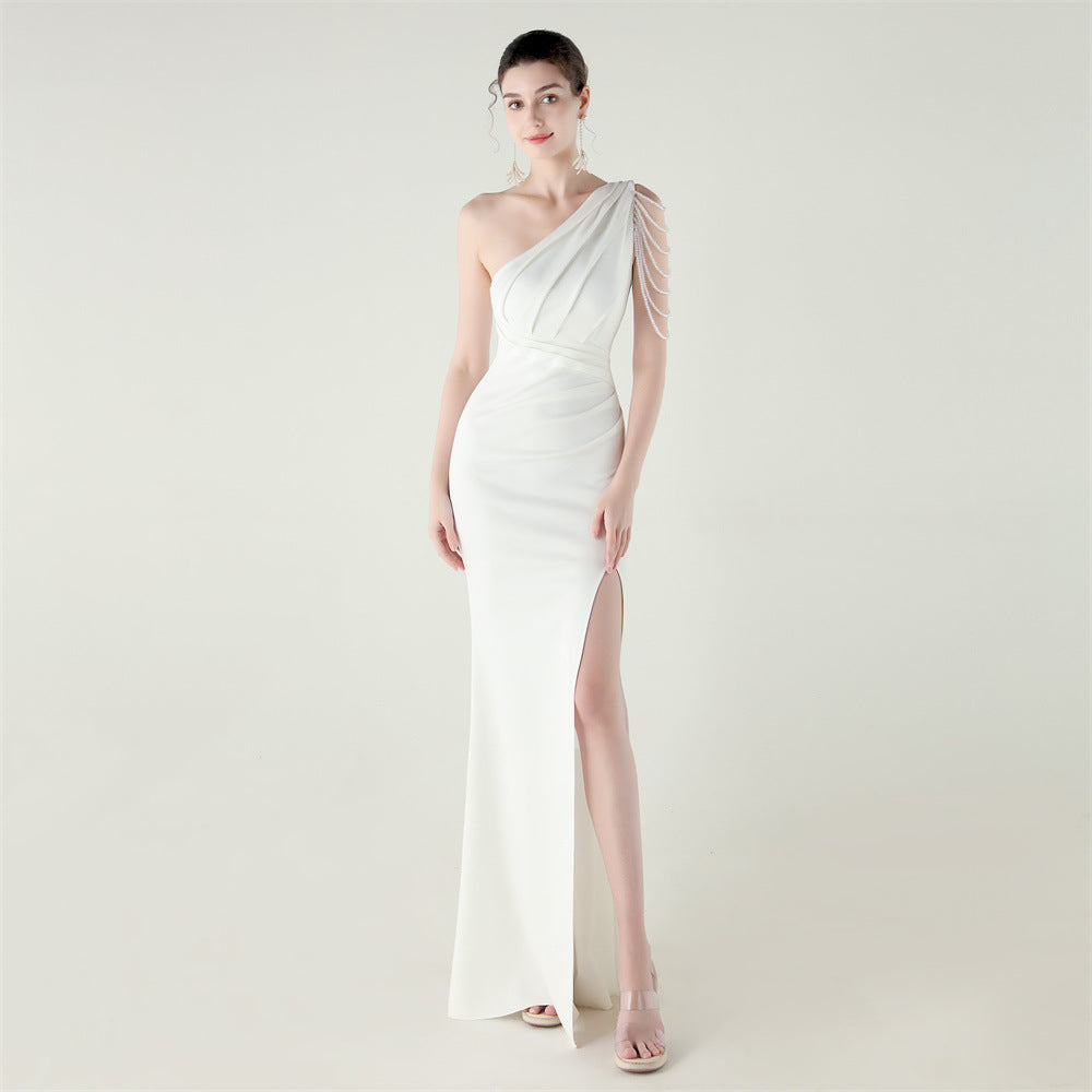 Women strapless satin pleated fishtail slit evening dress 14