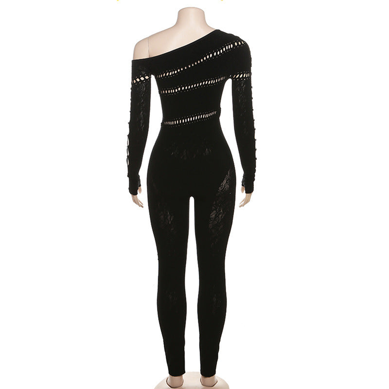 Women Sexy Hollow Knitting Jacquard High Waist Long Sleeve Jumpsuit 11