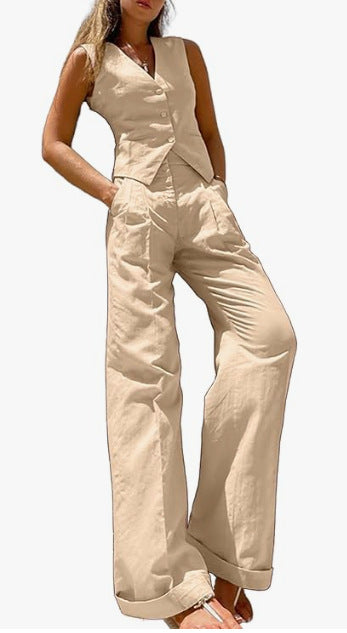 Women sleeveless vest Top and Pant Solid two-piece set 6