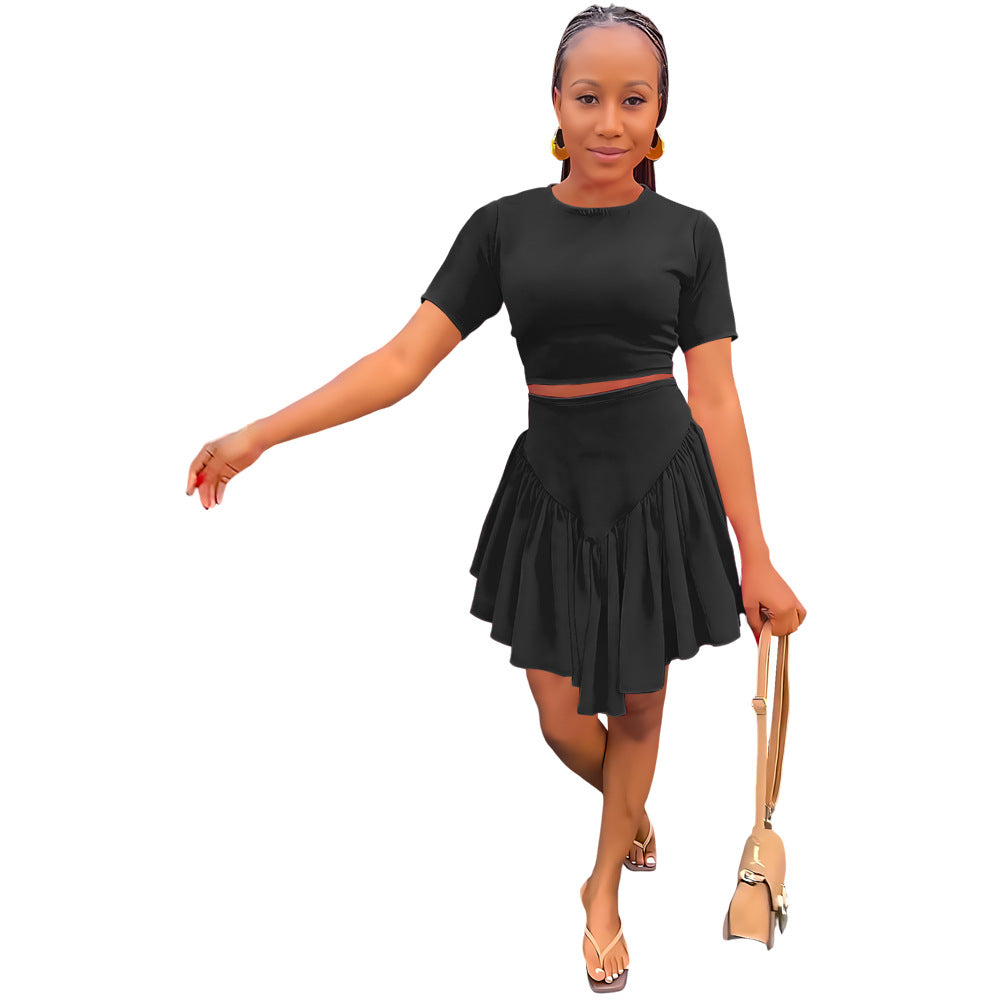 Tight Fitting Short T-shirt High Waist Casual Simple Irregular Skirt Two-piece Set