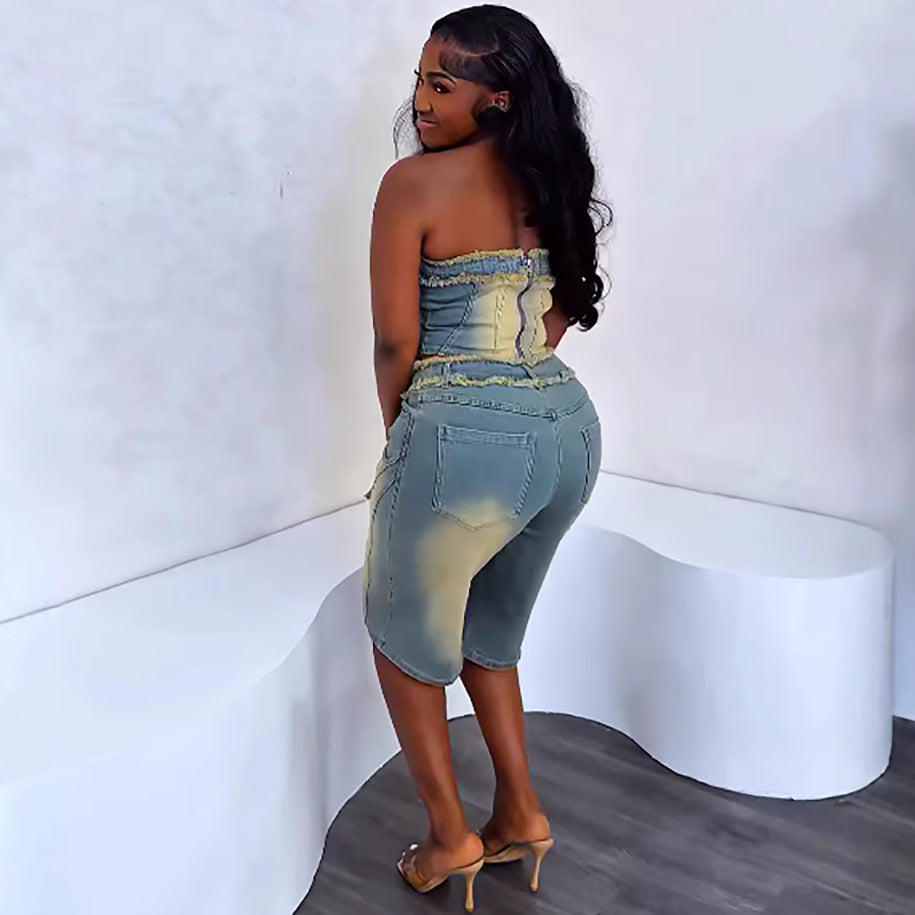 Women washed chest-wrapped top raw edge sretchy pants two piece set 3