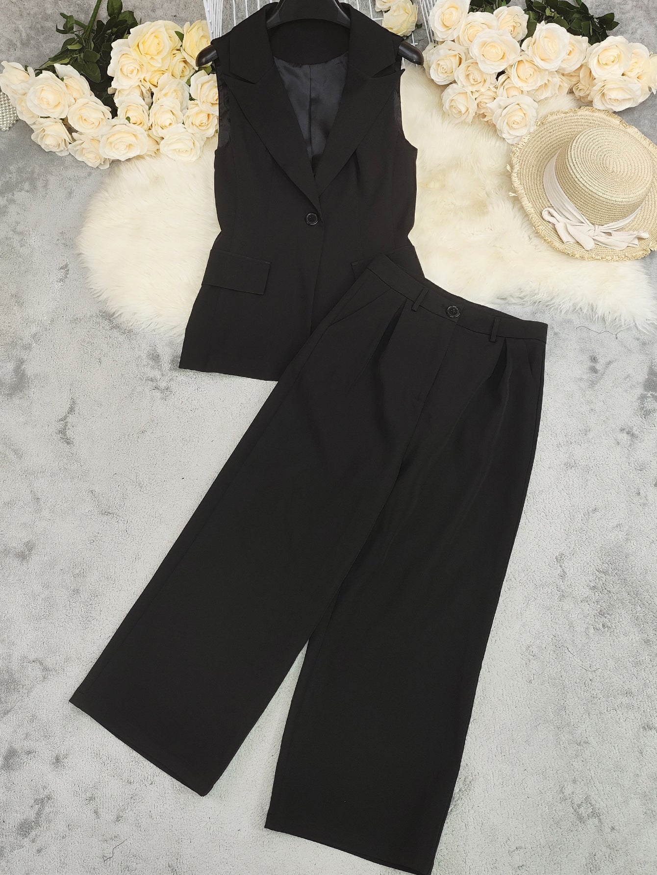 Women's Solid Color Sleeveless Straight-Leg Pantsuit Professional Office Set 11