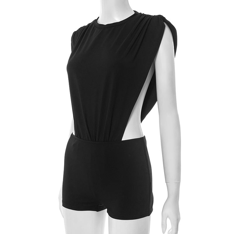 Women's Round Neck Sleeveless Side Cutout Bodysuit Top Tight Fitting Shorts Two-Piece Set 9