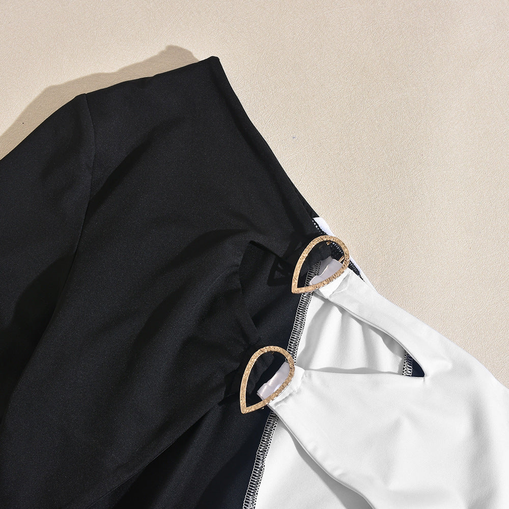 Women Fall/Winter Contrast Metal Decoration Single Sleeve Dress 5