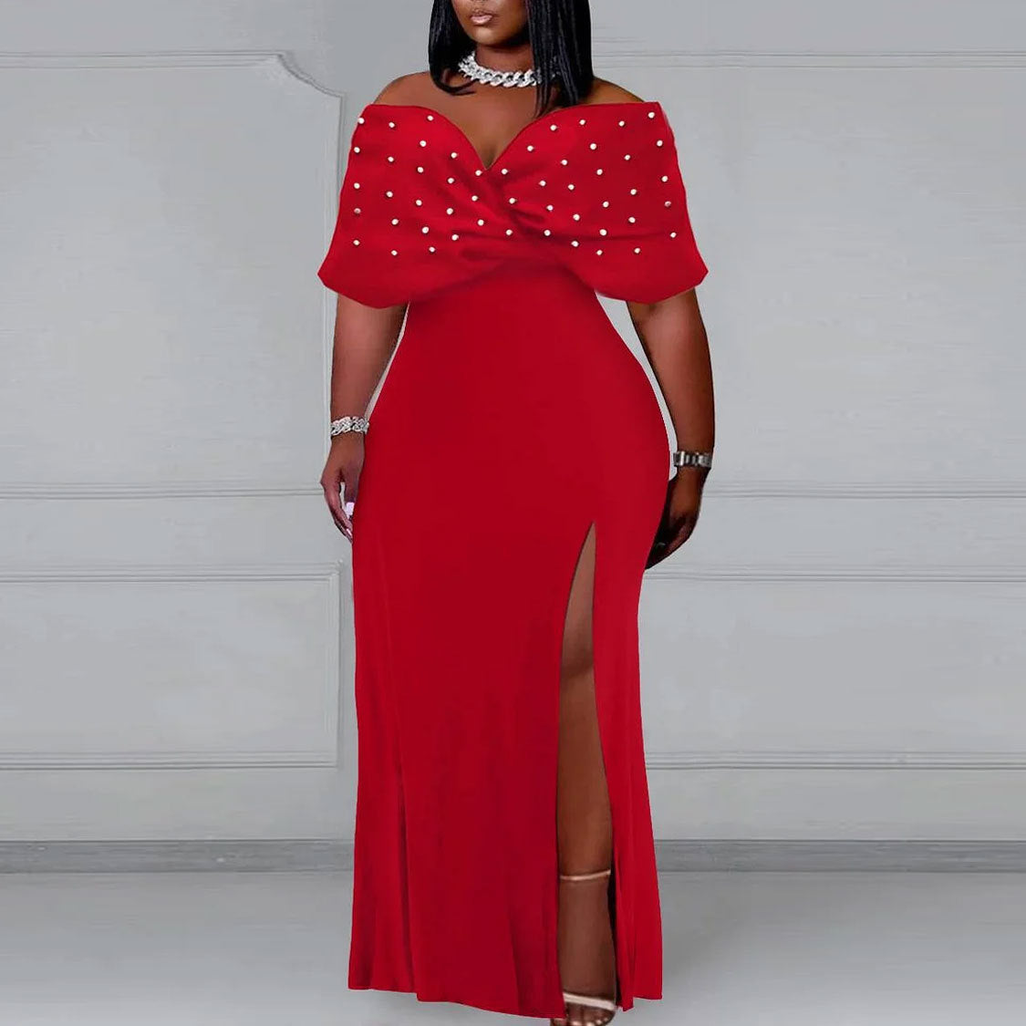 Sexy Pearl Off Shoulder Slit Plus Size Dress 5