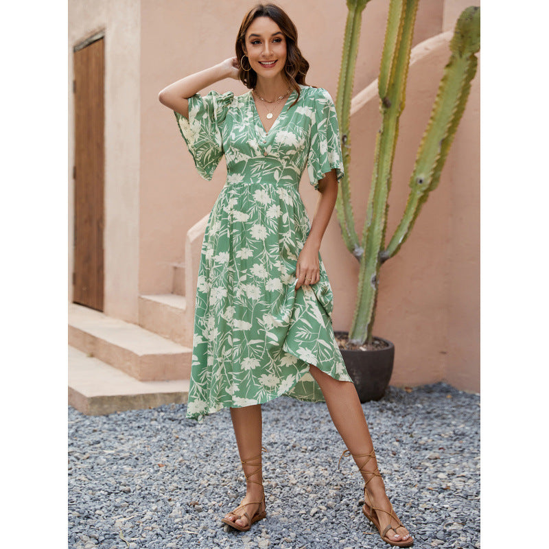 Women Cotton Printed V-Neck Short Sleeve Bohemian Holidays Beach Dress 5