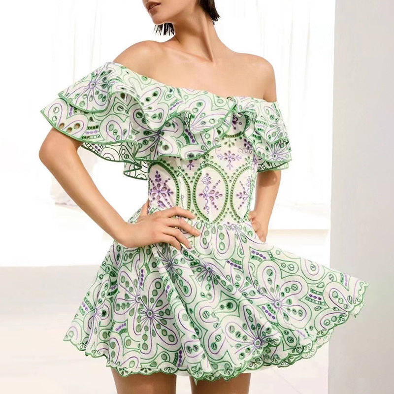 Summer Off Shoulder ruffle embroidered lace Slim Waist Slim Fit Holidays style dress 9