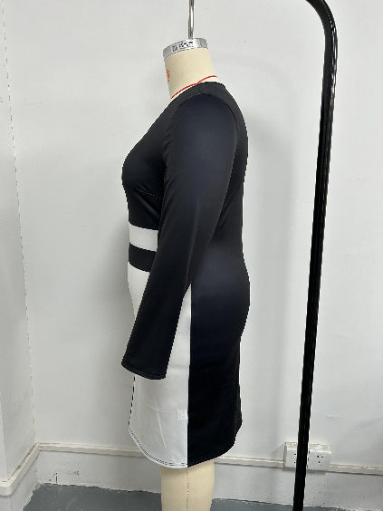 Plus Size Women's Fashion Casual Color Block High Waist Round Neck Long-Sleeve Bodycon Dress 9
