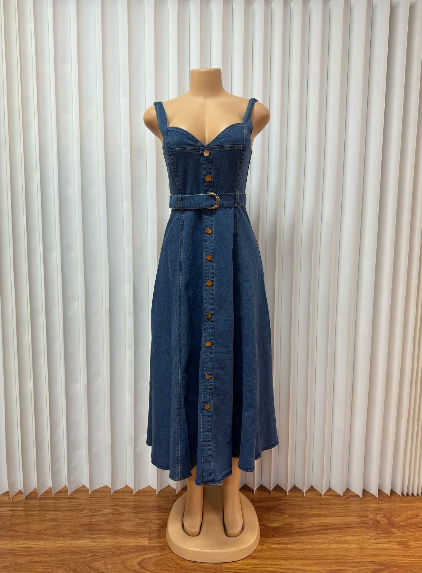 Women's Strap Casual Belted Button-Detailed Denim Maxi Dress 8