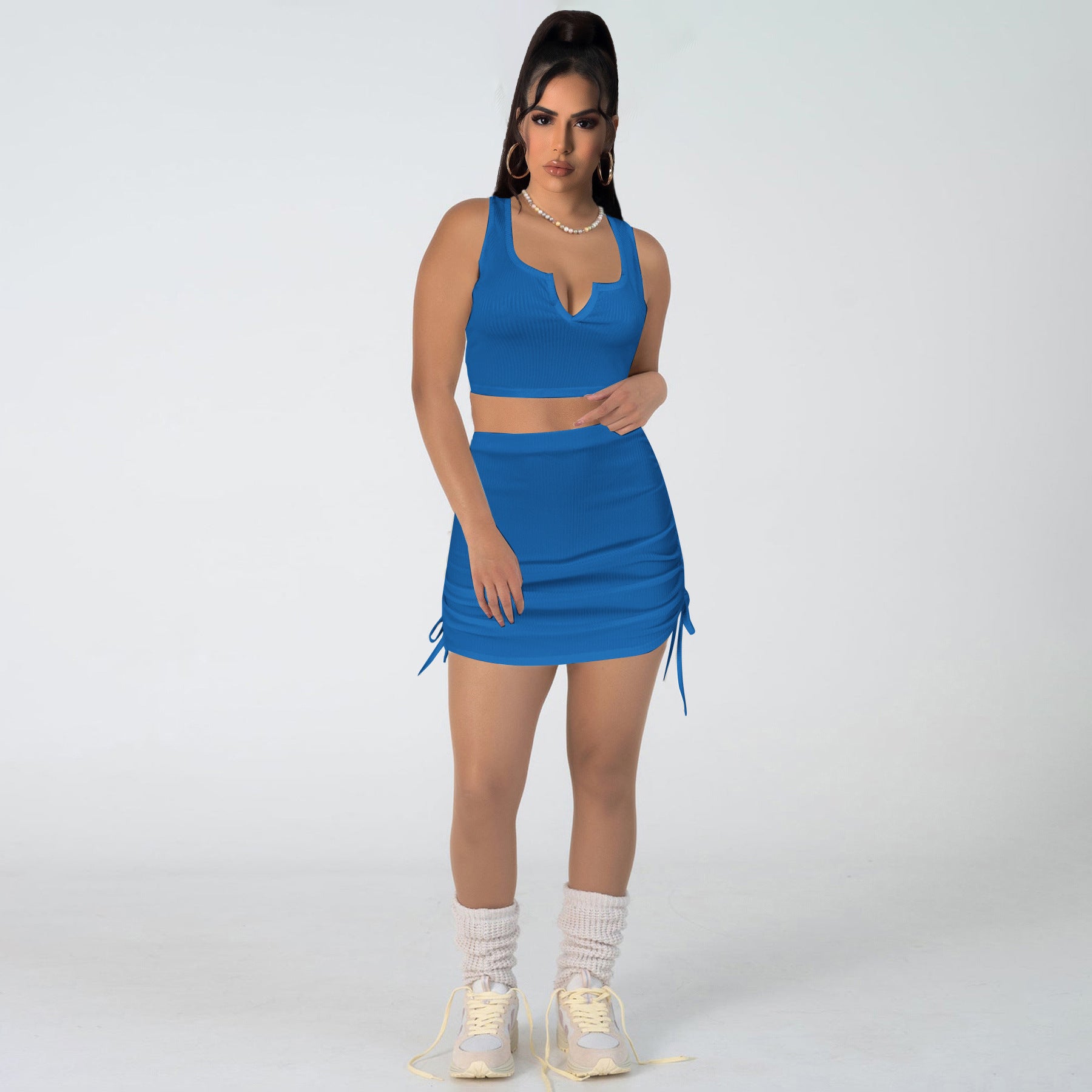 Women Stretch sexy v-neck Top and drawstring Solid Skirt two-piece set 5
