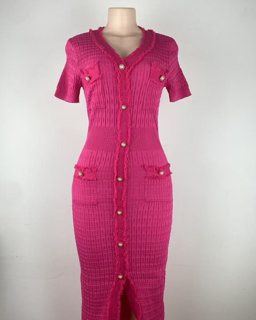 Women V-neck tassel slit knitting dress 4