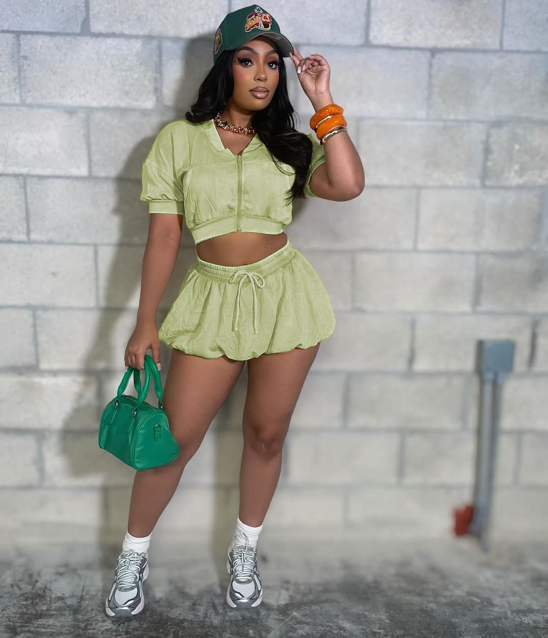 Women Casual Zipper Crop Top and Lantern Skirt Two-Piece Set 6