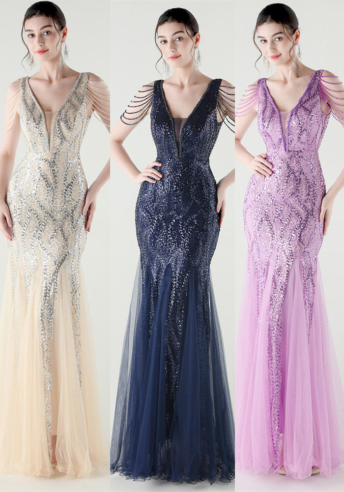 V-Neck Off-Shoulder Mesh Swing Luxury Slim Sequined Evening Dress