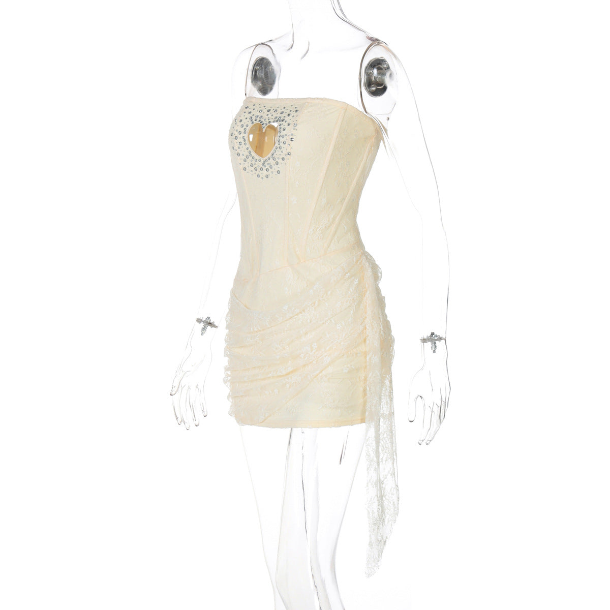 Women Beaded hollow Heart Print sexy Strapless Patchwork Lace Bodycon Dress 9