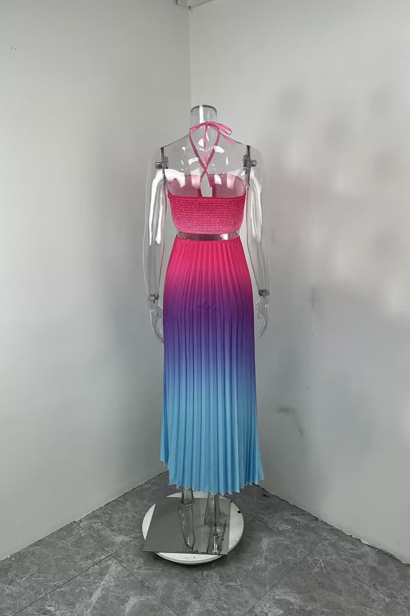 Women summer gradient Halter Neck pleated beach Holidays Maxi Dress 28